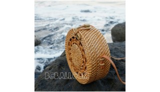 new rattan handbags circle design motif bow close handle leather